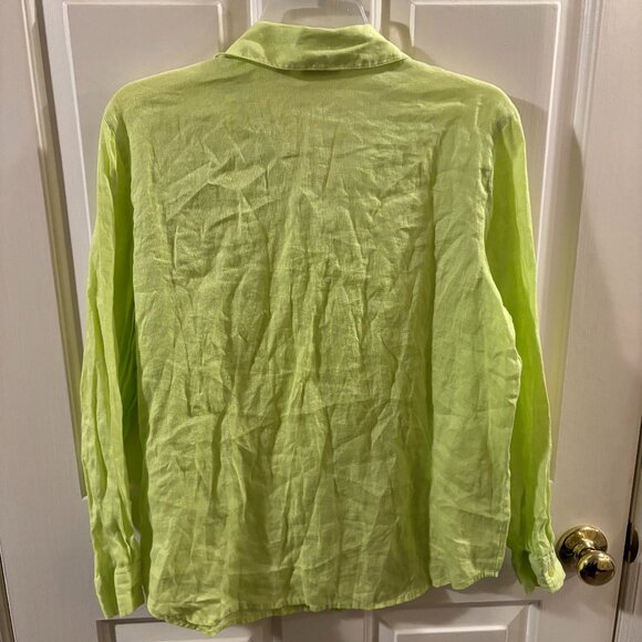 Kim Rogers Women's Neon Lime Yellow 100% Linen Button-Up Long Sleeve Shirt - PM - Picture 5 of 5